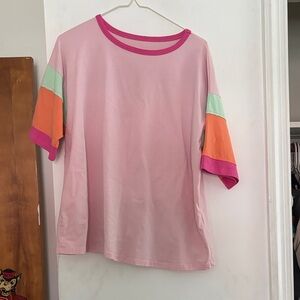 Colorful Pink T-Shirt with Striped Sleeves